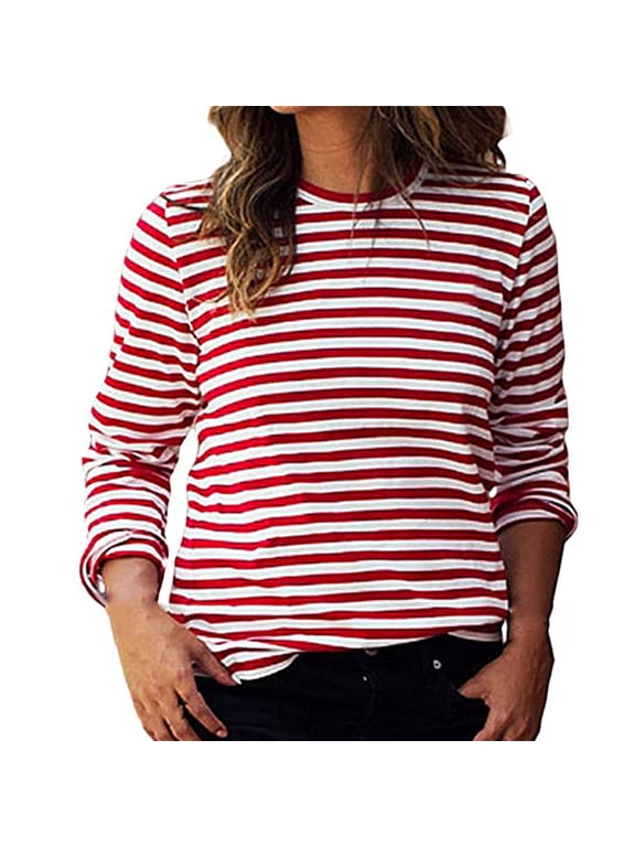 Women's Red White Striped Crew Neck Long Sleeve Casual T-Shirt Tops for Daily Wear Layering