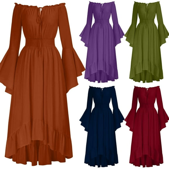 Fancifize Women's Renaissance Dress Off Shoulder Bell Sleeve Split Bell Sleeve Costume Vintage Gothic Long Dresses Medieval Steampunk Outfits