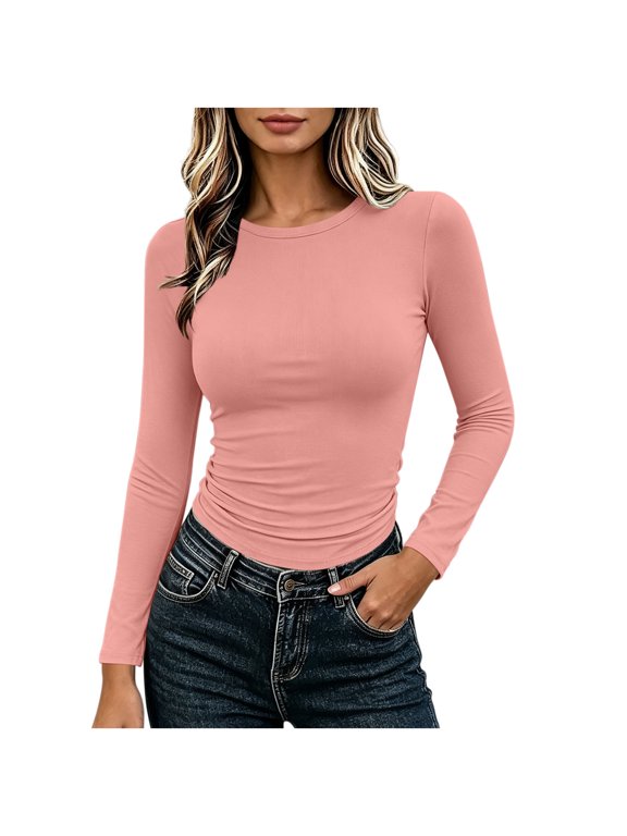 Women's Round Neck Ruched Shirts Long Sleeve Slim Tops Casual Layering Blouse for Fall Winter