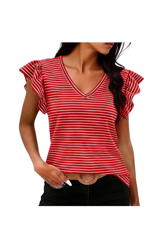 Women's Ruffle Cap Sleeve Shirts Summer Casual V Neck Striped Tees Trendy Color Block Tops