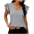 thumbnail image 1 of Fancifize Women's Ruffle Cap Sleeve Shirts Summer Casual V Neck Striped Tees Trendy Color Block Tops, 1 of 7