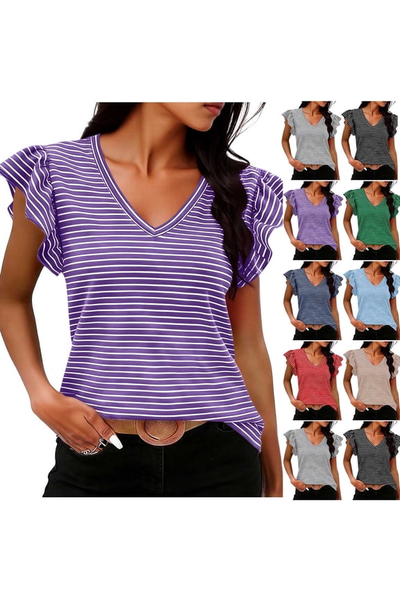 Women's Ruffle Cap Sleeve Shirts Summer Casual V Neck Striped Tees Trendy Color Block Tops