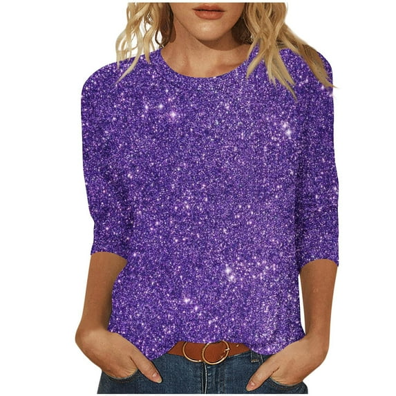 Fancifize Women's Sequin Shirts 3/4 Sleeve Crew Neck Top Glitter Sparkles Blouse Autumn Comfortable Loose Clothes