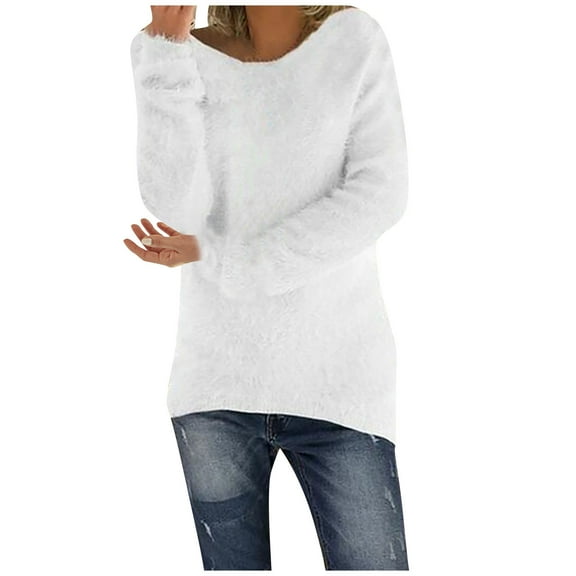 Fancifize Women's Sherpa Long Plush Shirts Casual Crew Neck Long Sleeve Loose Fit Pullover Tops Winter Warm Lightweight Outwear Clothes