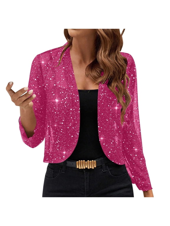 Women's Sparkly Sequins Cropped Jacket Shiny Glitter Open Front Cardigan Trendy Elegant Outerwear for Party