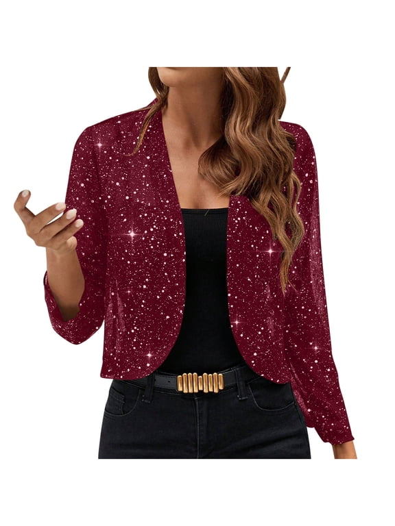 Women's Sparkly Sequins Cropped Jacket Shiny Glitter Open Front Cardigan Trendy Elegant Outerwear for Party