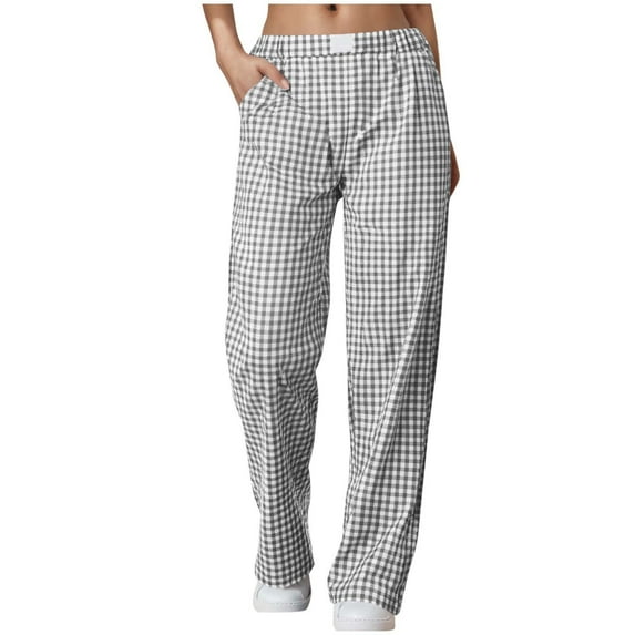Fancifize Women's Striped Gingham Pants Cotton Blend Elastic Waist Pajama Lounge Plaid Trousers Y2K Pj Bottoms with Pockets
