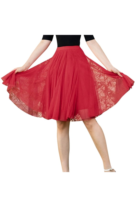 Women's Tulle Midi Skirts Elastic High Waist Pleated Tiered Skirts Mesh Ballet Prom Flowy A-Line Party Knee Length Tutu Skirts