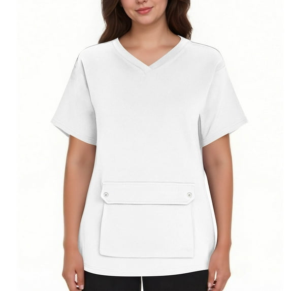 Fancifize Women's V-Neck Scrub Tops Short Sleeve Stretchy Medical Uniform Soft Breathable Stretchy Shirt Wrinkle Resistant Outfits with Pocket