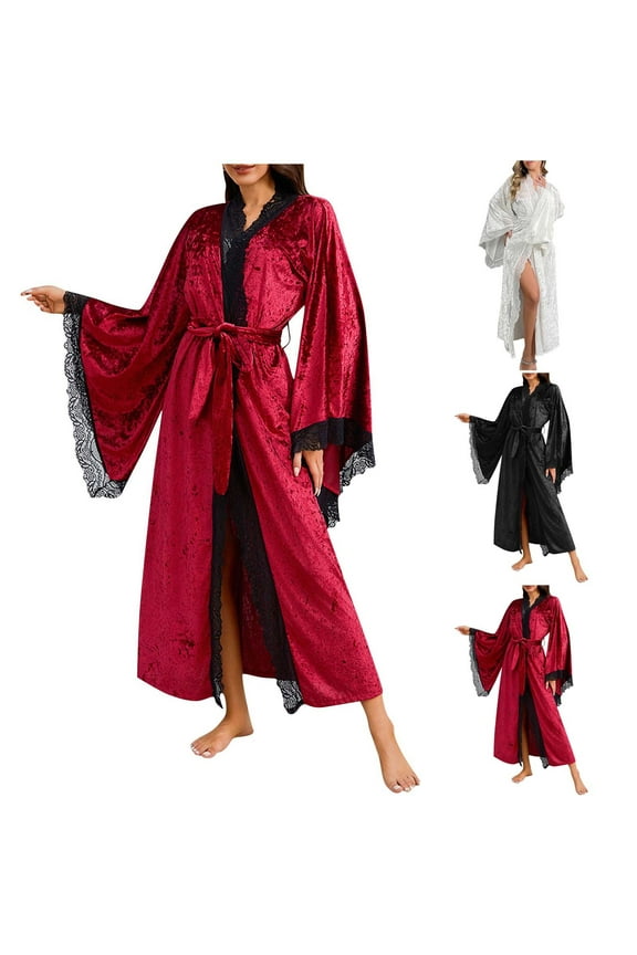 Women's Velvet Kimono Robe Lace Long Bathrobe Lightweight Soft Nightgown Sleepwear Loungewear