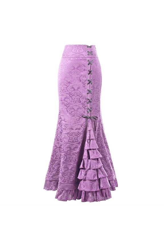 Women's Victorian Steampunk Skirt Ruffled Lace Up Fishtail Mermaid Skirt Retro Ruffle Maxi Long Skirt