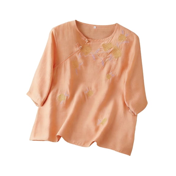 Fancifize Women's Vintage Blouses Embroidered 3/4 Sleeve Shirt Casual Cotton Linen V Neck Tunic Tops Loose Summer Fashion Clothes M-4XL