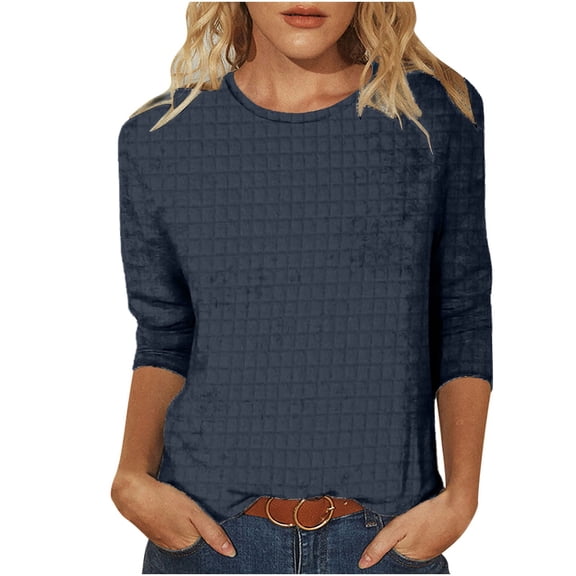 Fancifize Women's Waffle Knit Basic Shirts Casual Crew Neck 3/4 Sleeve Pullover Tops Fall Loose Outfits Fall Clothes
