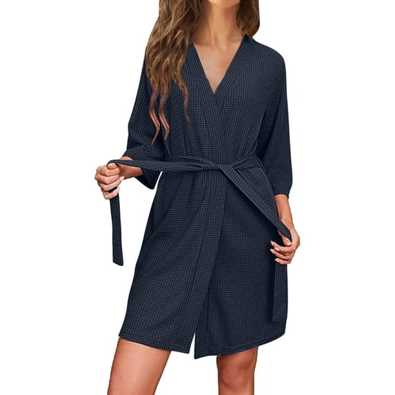 Fancifize Women's Waffle Knit Robe 3/4 Sleeve Bathrobe with Pockets Soft Kimono Robes Casual Shower Sleepwear Loungewear Pajamas