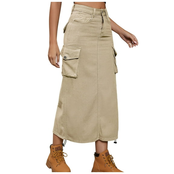 Fancifize Women's Y2k Cargo Long Skirt High Waist Drawstring A-Line Pocket Jean Skirt Casual Flared Denim Midi Skirt