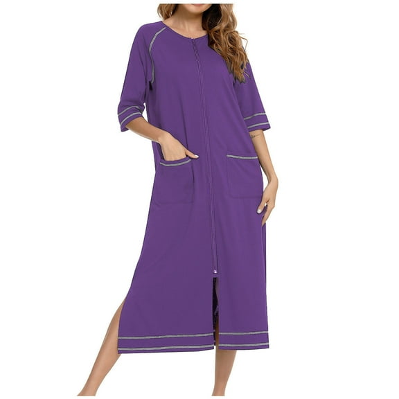 Fancifize Women's Zipper Robe 3/4 Sleeve Nightgown Long Casual House Coat with Pockets Cotton Blend Lounge Wear S-3XL