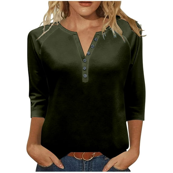 Fancifize Womens 3/4 Length Sleeve Henley Shirts Button V Neck Pullover Tops Raglan Shirts Casual Fall Tunic Blouses Trendy Outfits