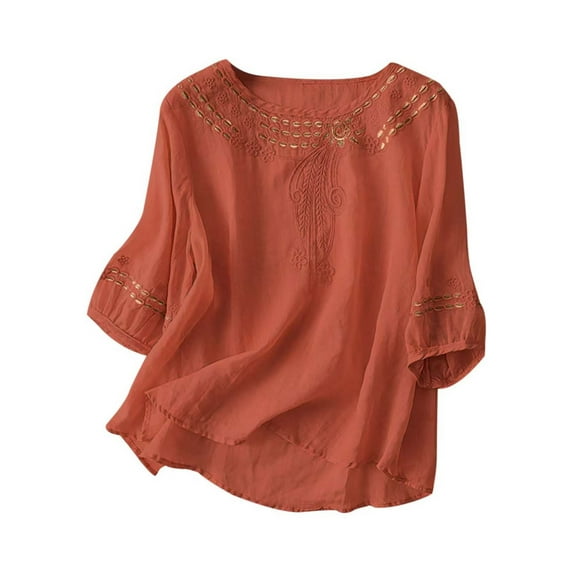Fancifize Womens 3/4 Sleeve Tops Cotton Linen Crew Neck Summer Loose Boho Tops Casual Vacation Clothes Trendy Outfits