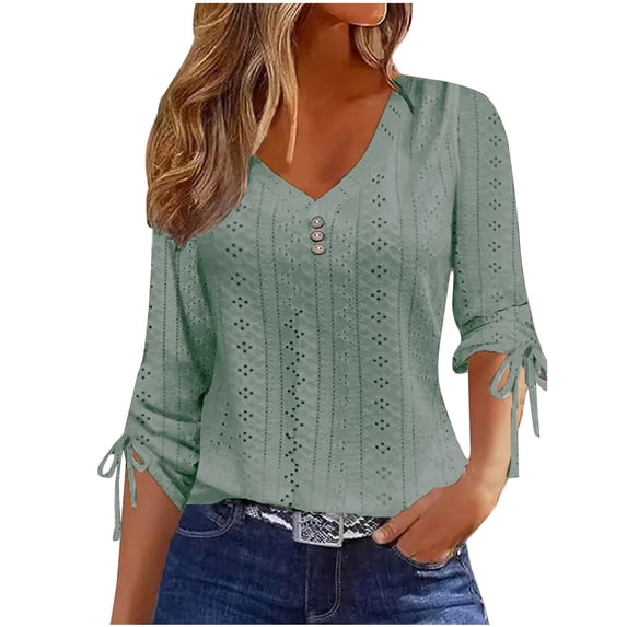 Fancifize Womens 3/4 Sleeve Tops Eyelets Casual V-Neck Tshirt Ladies Drawstring Sleeve Tunic Blouses Summer Fall Clothes 2024 Fashion