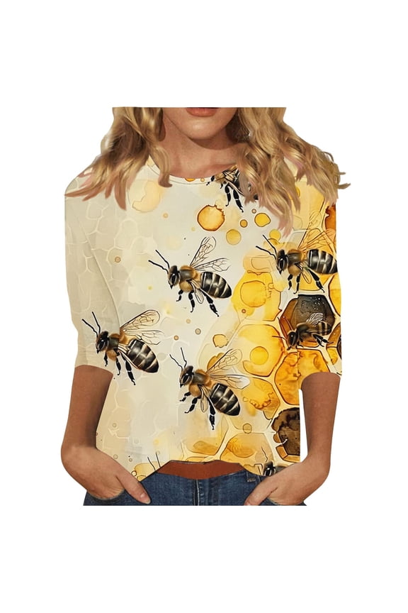 Womens Bee Graphic Tees Casual Short Sleeve T Shirts Crew Neck Cute Summer Print Top L,E