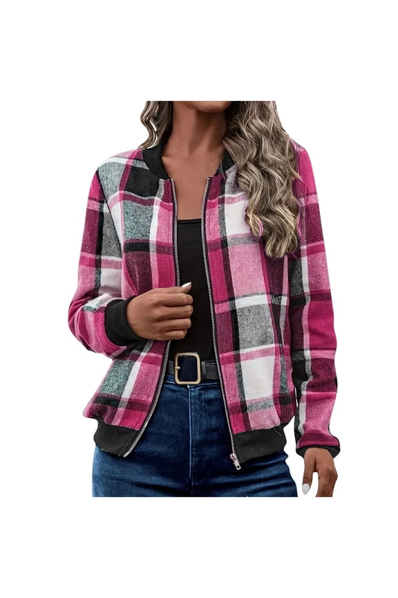 Womens Bomber Plaid Jacket Basic Long Sleeve Fashion Coat Lightweight Zip Up Casual Loose Outdoor Athletic Fall Outerwear with Pockets