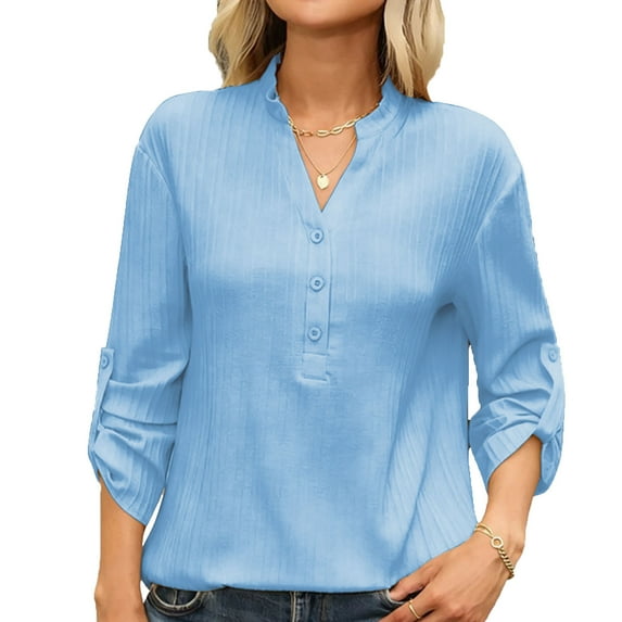 Fancifize Womens Button Down V Neck Shirts Oversized Rolled Long Sleeve Tops Cotton Linen Summer Breathable Outfits
