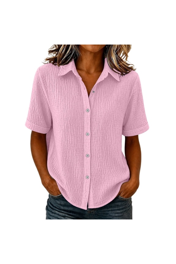Womens Camp Shirts Short Sleeve Collared Button Down Texture Blouses Summer Tops Casual Shirt S-2XL