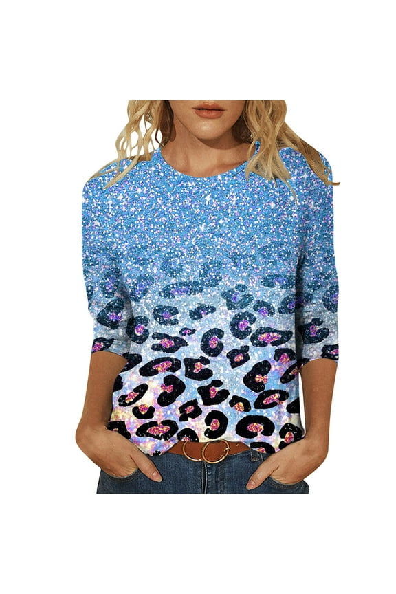 Womens Casual Leopard Print Tops 3/4 Sleeve Summer Shirt Crewneck Loose Fit Tshirts Spring Blouse