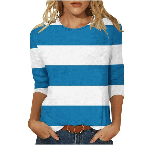 Fancifize Womens Color Blocked Striped Shirt 3/4 Sleeve Crew Neck Pullover Tops Casual Loose Blouses Fall Winter Outfits Clothes