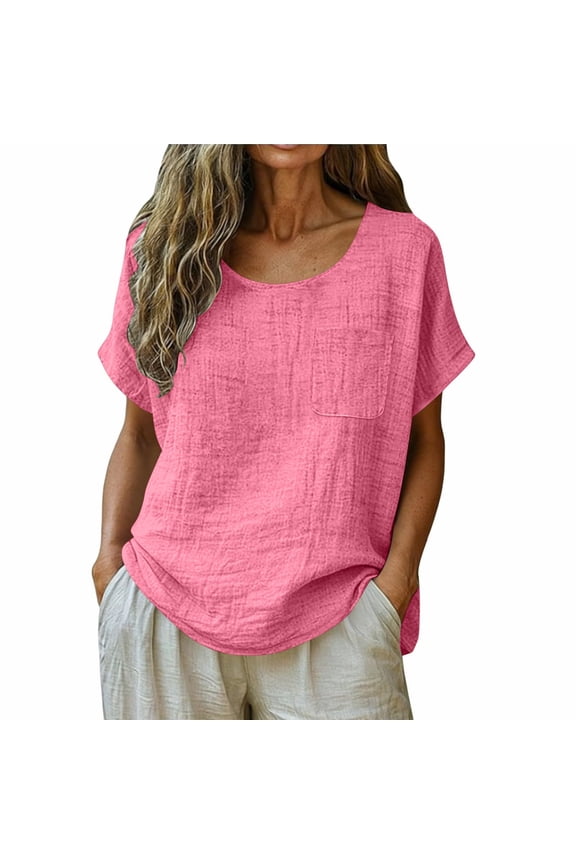 Womens Cotton Linen Tshirts Summer Crewneck Short Sleeve Solid Color Shirts Casual loose Comfy Tops