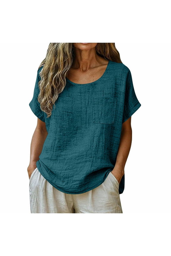 Womens Cotton Linen Tshirts Summer Crewneck Short Sleeve Solid Color Shirts Casual loose Comfy Tops