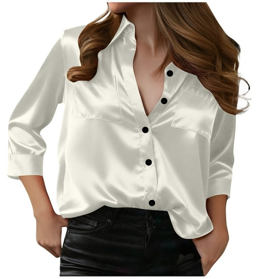 Fancifize Womens Dress Shirts 3/4 Sleeve Silk Satin Blouse Casual Button Down Elegant Tops Business Work Spring Summer Outwear with Pockets