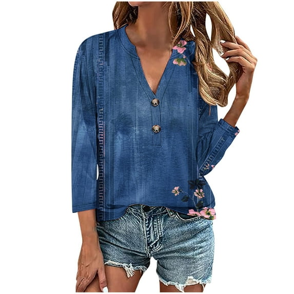 Fancifize Womens Dressy Casual Tops 3/4 Sleeve V Neck Tunic Tops for Women Plus Size Floral Print Loose Trendy Blouse Tshirt
