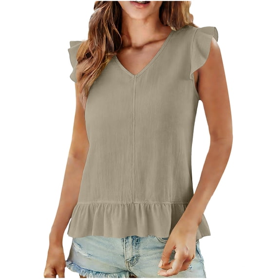 Fancifize Womens Fashion Summer Tops Ruffle Flying Sleeve Casual Tops Cotton Linen V Neck Ruffle Hem Shirts Vacations Outfits