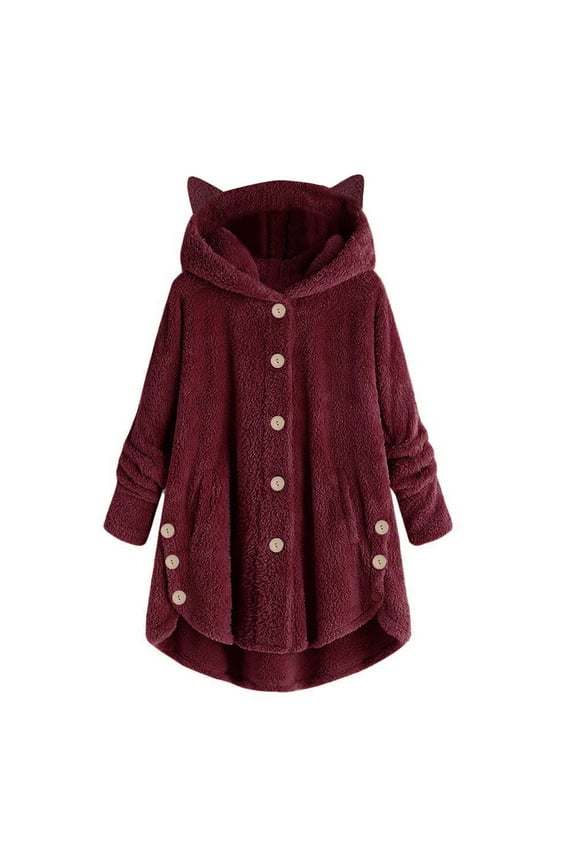 Womens Fuzzy Sherpa Hoodies Jacket Cute Cat Ear Fleece Coats Button up Causal Winter Warm Soft Cardigans Outwear Loungewear