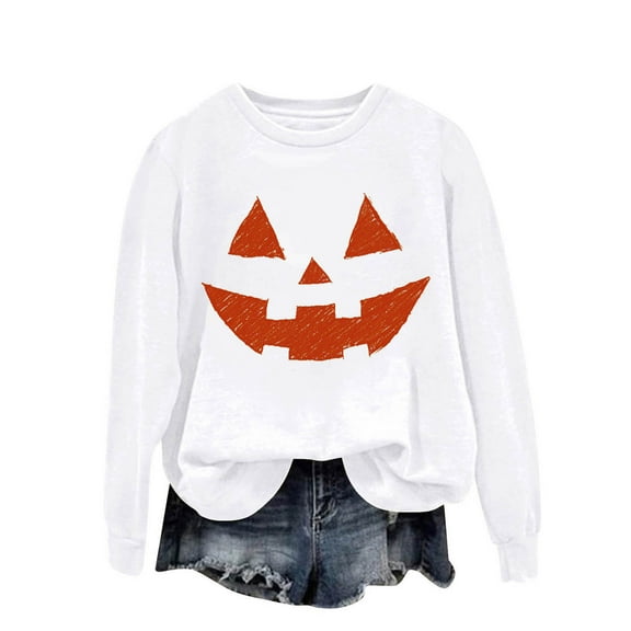Fancifize Womens Halloween Fleece Sweatshirts Casual Fall Pumpkin Face Crew Neck Top Lightweight Halloween Graphic Outfits