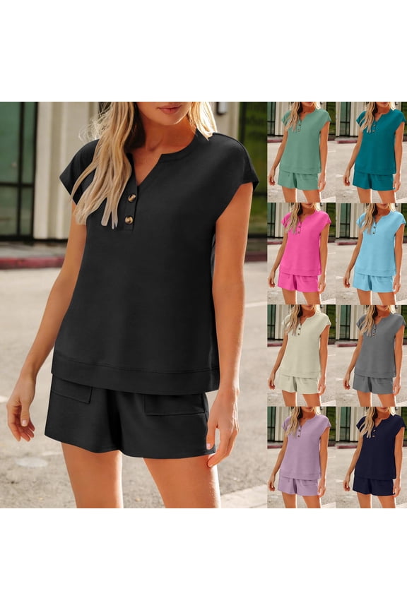 Womens Henley 2 Piece Short Sets Summer Button Down Short Sleeve Tops and Shorts Set Travel Vacation Matching Sweatsuit with Pockets