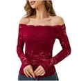 thumbnail image 1 of Fancifize Womens Lace Mesh Shirts Off Shoulder Long Sleeve Pullover Top Slim Fitted Blouses See Through Fall Trendy Elegant Outfits, 1 of 5