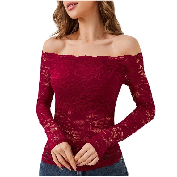 Fancifize Womens Lace Mesh Shirts Off Shoulder Long Sleeve Pullover Top Slim Fitted Blouses See Through Fall Trendy Elegant Outfits