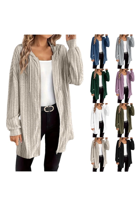 Womens Long Hooded Cardigans Ribbed Knit Fall Trendy Zip Up Sweater Jackets Casual Long Sleeve Loose Fit Coats Outerwear