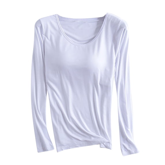 Fancifize Womens Long Sleeve Basic Pajama Tops with Built in Bra Crew Neck Comfy Slim Fit Tees Shirts Workout Loungewear