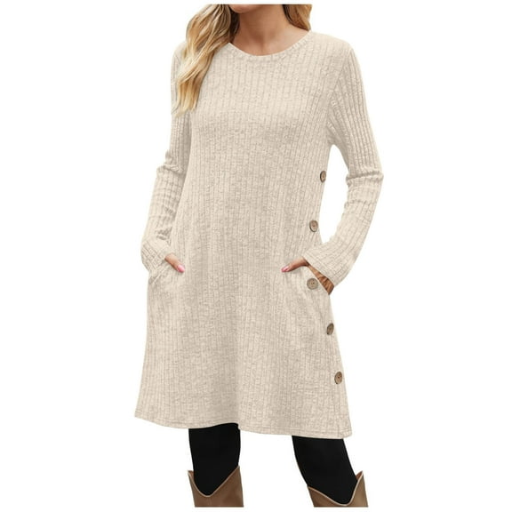Fancifize Womens Long Sweater Trendy Crew Neck Tunic Sweaters Long Sleeve Casual Fall Top Lightweight Winter Loose Outfits with Pocket