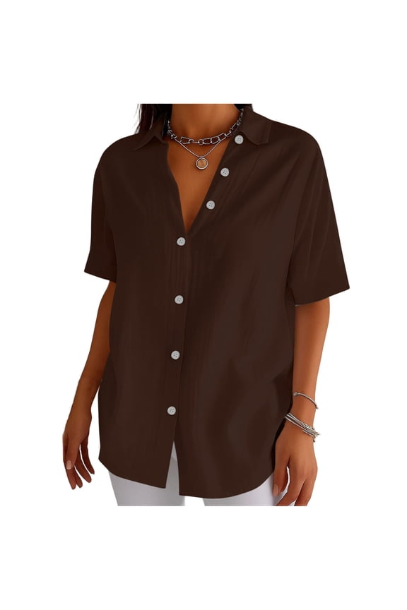 Womens Loose Fit Tops Cotton Linen Button Down Shirts Casual Short Sleeve V Neck Blouse Beach Summer Vacation Clothes