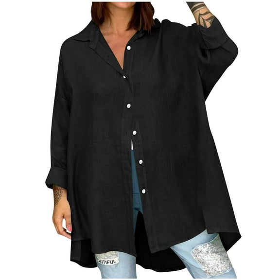 Fancifize Womens Oversize Cotton Linen Shirts Casual Button Down Loose Fit Long Sleeve Tops Elegant Dressy Blouses Fall Outfits