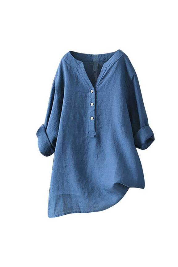 Womens Oversized Cotton Linen Tops 3/4 Sleeve V Neck Button Front Shirts Loose Fit Casual Blouses Fall Comfy Workout Tshirts