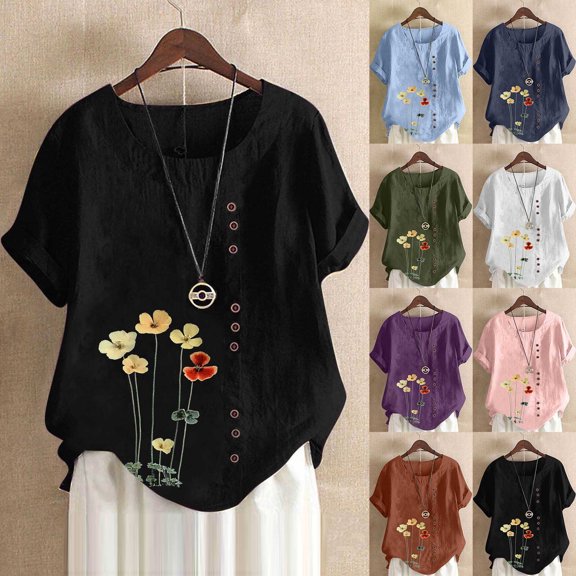 Fancifize Womens Oversized Shirts Casual Short Sleeve T Shirt Cotton Linen Fashion Printed Tops Loose Spring Summer Breach Vacation Outfits S-5XL