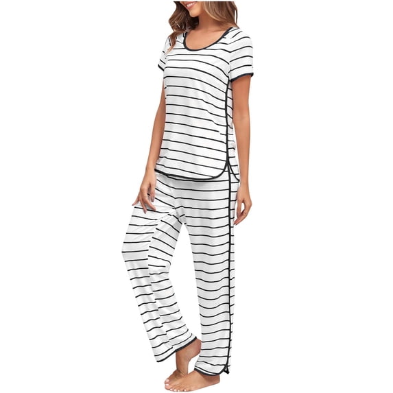 Fancifize Womens Pajamas Short Sleeve Sleepwear Top with Pants Comfy Soft Lounge Sets Crewneck Tee Long Pant 2 Piece Sleep Pajama Set