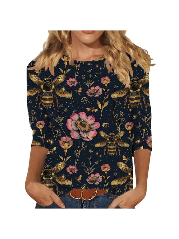 Womens Plus Size Cute Bee Graphic Tee Round Neck Funny 3/4 Sleeve Top Stretchy Jersey Casual Streetwear S,Black