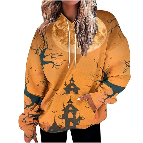 Fancifize Womens Plus Size Fall Winter Oversized Hoodies Sweatshirts Funny Halloween Spooky Sweatshirt Long Sleeve Sweaters Pullover with Pocket