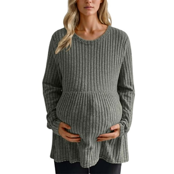 Fancifize Womens Ribbed Knit Maternity Tops Casual Long Sleeve Crew Neck Sweater Fall Pregnancy Clothes Lightweight Comfort Outfits